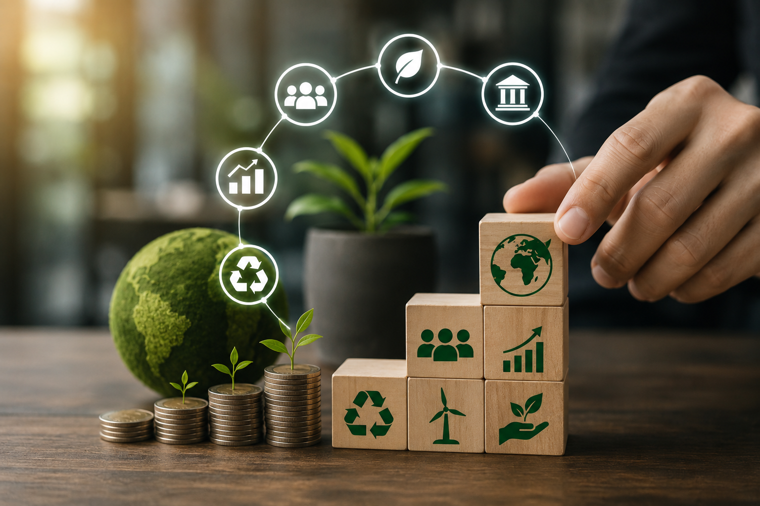 Blocos de madeira com ícones de sustentabilidade e moedas